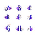 Swirly alphabet set. Pattern abcdefghi letters. Curly blue lettering type characters with colorful butterflies and gradient design Royalty Free Stock Photo