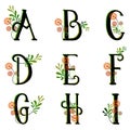 Jungle letters. Nature floral alphabet. Forest green gradient characters. Whimsical magic collection. Abcdefghi letter. Vector set