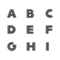 Grey alphabet set. Bold abcdefghi letters. Lettering type characters with dangling rainbow balls and pattern lines.