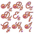 Floral alphabets. Paisley alphabet set. Abcdefghi collection. Glitter mango yellow gradient letters. Vector stock characters.