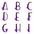 ABC letters. Star alphabets. Abcdefghi collection. Midnight sky gradient characters. Glitter stars moon and clouds. Vector stock.