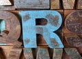 Alphabet abstract - vintage wooden letterpress types. Letter R. Royalty Free Stock Photo