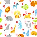 Alphabet animals and letters study material for children vector. U for unicorn, dog and hedgehog, mouse and cat, fish Royalty Free Stock Photo