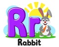 Alphabet with animals, rabbit with carrot letter Rr on a white. Preschool education.