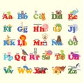 Alphabet with animals, toon. English alphabet, vector illustration.