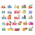 Alphabet with animals, toon. English alphabet, vector illustration.