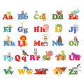 Alphabet with animals, toon. English alphabet, vector illustration.