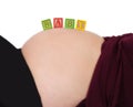 Alphabet blocks resting on bare pregnant belly Royalty Free Stock Photo