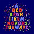 Alphabet for children in cartoon style. Children`s font with red, blue, yellow and green letters. Vector illustration on a blue Royalty Free Stock Photo