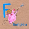 Alphabet for children with pig profession. Letter F. Firefighter