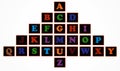 Alphabet. Colorful alphabet. Kids. The color alphabet is arranged in a pyramid shape with rectangular frames