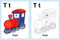 Alphabet coloring book page with outline clip art to color. Letter T. Train. Vector vehicles. Royalty Free Stock Photo