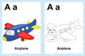 Alphabet coloring book page with outline clip art to color. Letter A. Airplane. Vector vehicles.