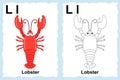 Alphabet coloring book page with outline clip art to color. Letter L. Lobster.. Vector animals.