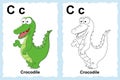 alphabet coloring book page with outline clip art to color. Letter C. Crocodile