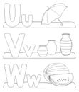 Alphabet coloring page - letters u, v, w Royalty Free Stock Photo