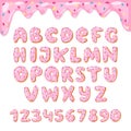 Alphabet donut kids alphabetical doughnuts font ABC with pink letters and glazed numbers with icing or sweet alphabetic