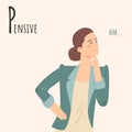 Alphabet Emotions concept. Female character pensive and contemplative. Letter P - Pensive