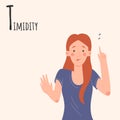 Alphabet Emotions concept. Female character temidity and shamed. Letter T - Timidity. Vector cartoon illustration Royalty Free Stock Photo