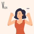 Alphabet Emotions concept. Female character vain and arrogant. Letter V - Vain. Vector cartoon illustration