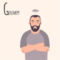 Alphabet Emotions concept. Male character grumpy and angry. Letter G - Grumpy Royalty Free Stock Photo