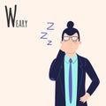 Alphabet Emotions concept. Male character tired and weary. Letter W - Weary. Vector cartoon illustration