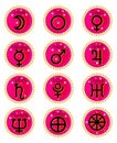 Astrology symbols. Planet signs and name labels. Pink gradient astrological sticker set of 12 round shape. Vector stock collection Royalty Free Stock Photo