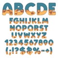 Alphabet, font with desert, dunes and camel. Isolated vector object.