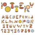 Alphabet, font, letters, numerals. Handmade clay pottery with colored enamel. Letters from the dishes