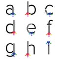 Black ABC lowercase letters with diamond and colorful gems. Characters with precious gemstones. Vector illustration.