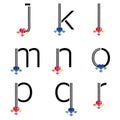 Black JKL lowercase letters with diamond and colorful gems. Characters with precious gemstones. Vector illustration.