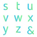 ABC lowercase letters with gemstones. Turquoise blue gradient alphabet with gems. Vector illustration alphabets for gems jewelry.