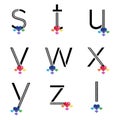 Black XYZ lowercase letters with diamond and colorful gems. Characters with precious gemstones. Vector illustration.