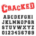 Alphabet font template. Vintage letters and numbers cracked stamp design Royalty Free Stock Photo