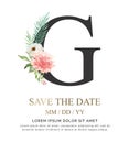 Letter G hand paint watercolor flower and leaf for wedding and invite cards.