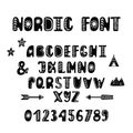 Alphabet hand drawn letters and numbers in scandinavian style. ABC with simple ornament.
