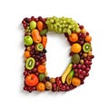 Alphabet of healthy food. Letter D made of many fruits. Green, red grape, kiwi, banana, citrus, berries, pineapple Royalty Free Stock Photo
