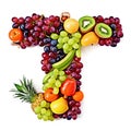Alphabet of healthy food. Letter T made of many fruits. Green, red grape, kiwi, banana, berries, pineapple, apple on Royalty Free Stock Photo