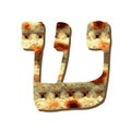 Alphabet Hebrew Passover matzah. The Hebrew letter Shin. Calligraphy font. Jewish Easter. Texture matzo.
