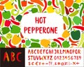 Alphabet Hot pepper font, vector illustration. Chili peppers shape letters