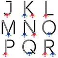 Black JKL letters with diamond and colorful gems. Characters with precious gemstones. Vector illustration. Crystal studded letter