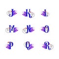 Curly alphabet set. Swirly pattern jklmnopqr letters. Blue lettering type characters with colorful butterflies and gradient design Royalty Free Stock Photo