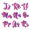 Romantic floral ABC letters. Flower alphabet. Heart letter. Pink purple gradient pattern vector. Jklmnopqr collection. Love magic.