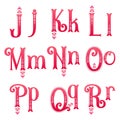 Letters and alphabets. ABC characters. Romantic pink gradient font. Heart and arrow pattern vector. Jklmnopqr set. Love romance.