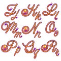 Floral alphabets. Paisley alphabet set. Jklmnopqr collection. Glitter mango yellow gradient letters. Vector stock characters.