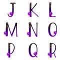 ABC letters. Star alphabets. Jklmnopqr collection. Midnight sky gradient characters. Glitter stars moon and clouds. Vector stock.