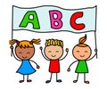 Alphabet kids.Cartoon kids holding alphabet banner.