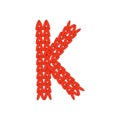 Alphabet knitted red letter on white background. Vector illustration.