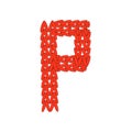 Alphabet knitted red letter on white background. Vector illustration.
