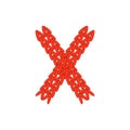 Alphabet knitted red letter on white background. Vector illustration.